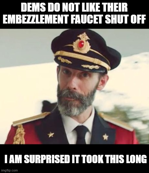 Captain Obvious | DEMS DO NOT LIKE THEIR EMBEZZLEMENT FAUCET SHUT OFF I AM SURPRISED IT TOOK THIS LONG | image tagged in captain obvious | made w/ Imgflip meme maker