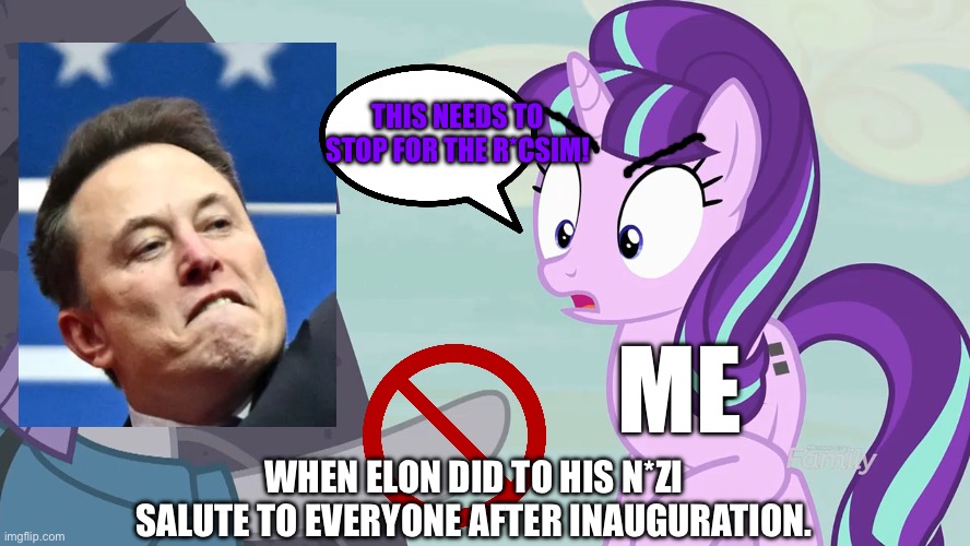 Elon Musk needs to be stopped before his Tesla CEO became cancelled after inauguration of appropriate | THIS NEEDS TO STOP FOR THE R*CSIM! ME; WHEN ELON DID TO HIS N*ZI SALUTE TO EVERYONE AFTER INAUGURATION. | image tagged in elon musk,my little pony friendship is magic,memes,salute,politics,political meme | made w/ Imgflip meme maker