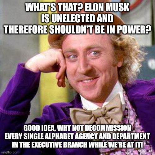 I already know my ABC's... I don't need Washington reminding me! | WHAT'S THAT? ELON MUSK IS UNELECTED AND THEREFORE SHOULDN'T BE IN POWER? GOOD IDEA, WHY NOT DECOMMISSION EVERY SINGLE ALPHABET AGENCY AND DEPARTMENT IN THE EXECUTIVE BRANCH WHILE WE'RE AT IT! | image tagged in willy wonka blank | made w/ Imgflip meme maker