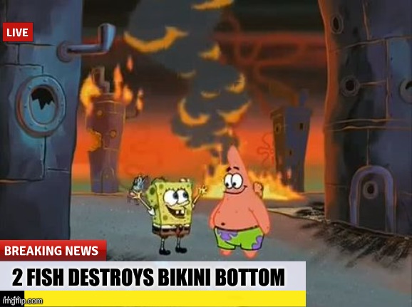 wth man | 2 FISH DESTROYS BIKINI BOTTOM | image tagged in we did it patrick we saved the city | made w/ Imgflip meme maker