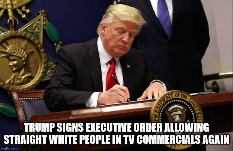 Straight, white people DO exist. | TRUMP SIGNS EXECUTIVE ORDER ALLOWING STRAIGHT WHITE PEOPLE IN TV COMMERCIALS AGAIN | image tagged in straight and white,i am who i am | made w/ Imgflip meme maker