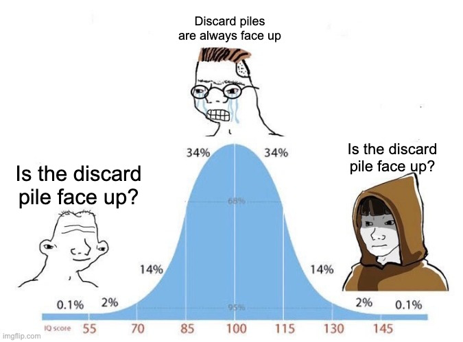 Bell Curve | Discard piles are always face up; Is the discard pile face up? Is the discard pile face up? | image tagged in bell curve | made w/ Imgflip meme maker