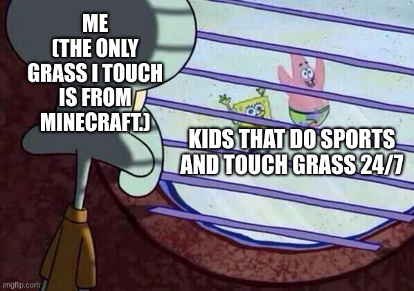 Me IRL be like | ME
(THE ONLY GRASS I TOUCH IS FROM MINECRAFT.); KIDS THAT DO SPORTS AND TOUCH GRASS 24/7 | image tagged in squidward window | made w/ Imgflip meme maker