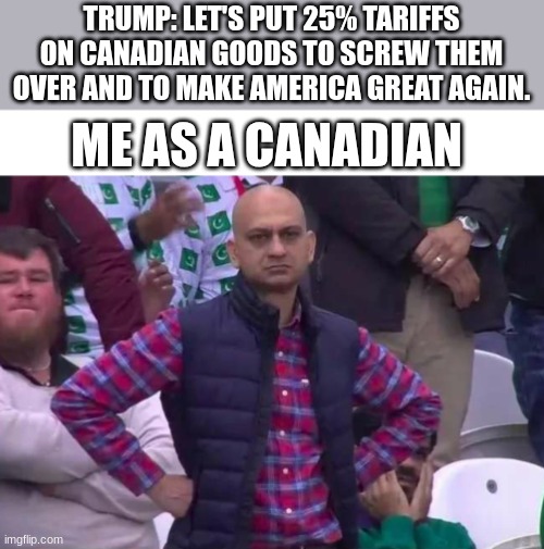 The Canadian stereotypes are annoying because they are  untrue. If you have any questions about Canada or Canadians ask me. | TRUMP: LET'S PUT 25% TARIFFS ON CANADIAN GOODS TO SCREW THEM OVER AND TO MAKE AMERICA GREAT AGAIN. ME AS A CANADIAN | image tagged in unimpressed man | made w/ Imgflip meme maker