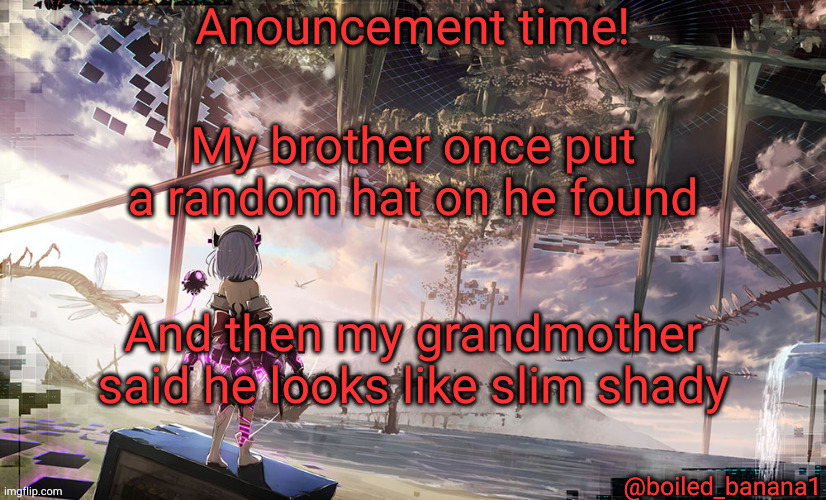 My brother once put a random hat on he found; And then my grandmother said he looks like slim shady | image tagged in boiled_banana1 anouncement | made w/ Imgflip meme maker