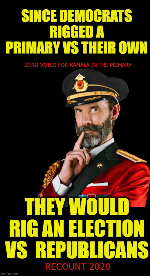 kamala who? | SINCE DEMOCRATS RIGGED A PRIMARY VS THEIR OWN; ZERO VOTES FOR KAMALA IN THE PRIMARY; THEY WOULD RIG AN ELECTION VS  REPUBLICANS; RECOUNT 2020 | image tagged in captain obvious | made w/ Imgflip meme maker