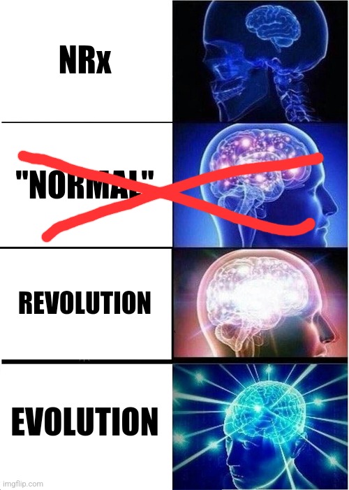 Normal is never coming back.  We have choices to make. | NRx; "NORMAL"; REVOLUTION; EVOLUTION | image tagged in expanding brain,neoreaction,fascism,status quo,revolution,evolution | made w/ Imgflip meme maker