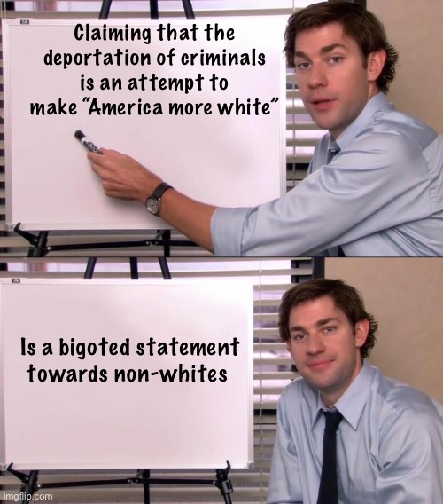 Progressive bigotry | Claiming that the deportation of criminals is an attempt to make “America more white”; Is a bigoted statement towards non-whites | image tagged in jim halpert explains,politics lol,memes | made w/ Imgflip meme maker