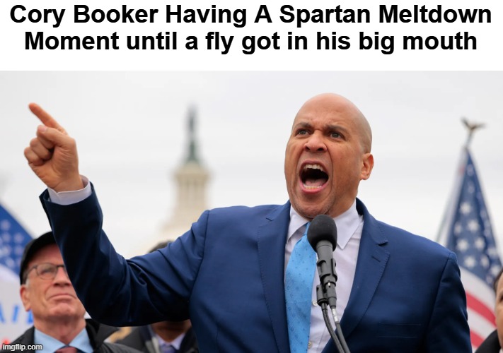 Cory Booker Spartan Meltdown | Cory Booker Having A Spartan Meltdown Moment until a fly got in his big mouth | image tagged in cory booker spartan meltdown | made w/ Imgflip meme maker