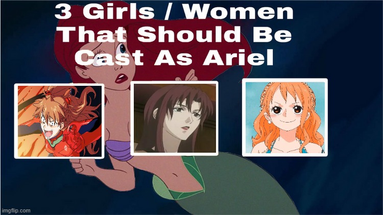 anime redheads that should be cast a ariel | image tagged in 3 females that should be cast as ariel,anime,redheads,asuka langley soryu,one piece,the little mermaid | made w/ Imgflip meme maker