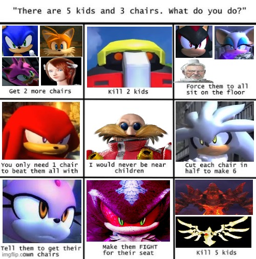 Sonic characters five chairs edition 1: Sonic2006 | image tagged in there are five kids and three chairs,sonic the hedgehog,funny memes,video games,sonic movie,gaming | made w/ Imgflip meme maker