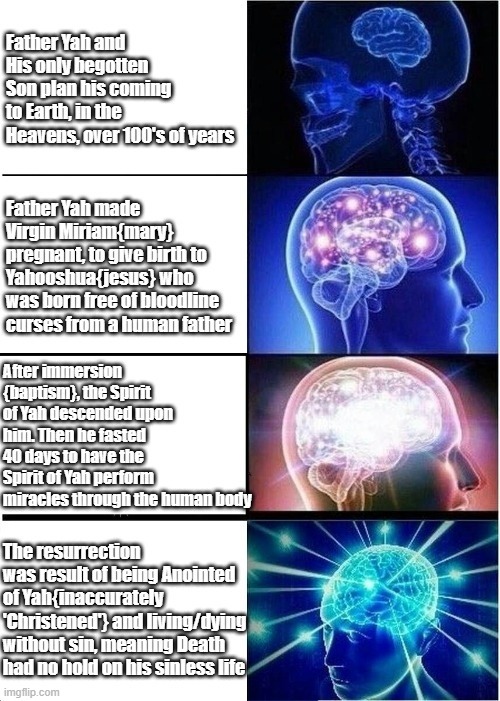 The Spirit of Yah spoke through His only begotten Son, sometimes in 1st person perspective. | image tagged in memes,jesus,expanding brain,the truth,knowledge,wisdom | made w/ Imgflip meme maker