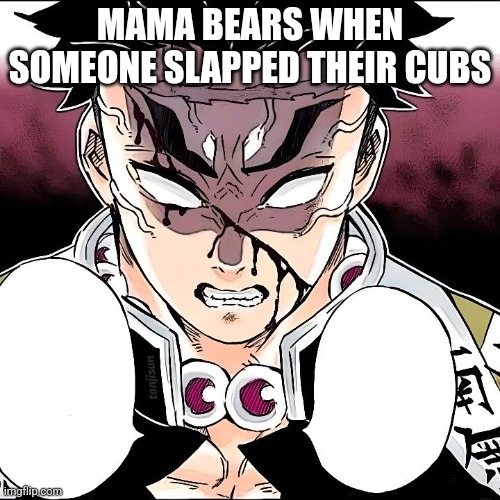 I'm sure that people who met up with a mama bear and cubs can relate to this, they'll attack and kill you if you come near their | MAMA BEARS WHEN SOMEONE SLAPPED THEIR CUBS | image tagged in demon slayer,bear,gyomei,angry bear | made w/ Imgflip meme maker