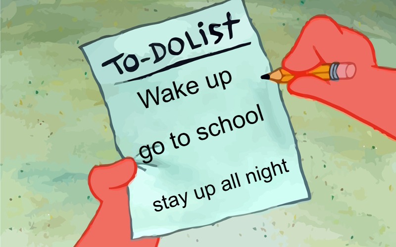 patrick to do list actually blank | Wake up; go to school; stay up all night | image tagged in patrick to do list actually blank,slavic | made w/ Imgflip meme maker