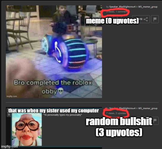 Confused do I post meme here or not | meme (0 upvotes); random bullshit (3 upvotes) | made w/ Imgflip meme maker