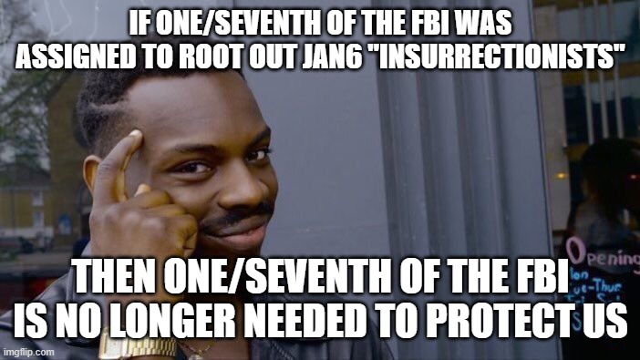 Roll Safe Think About It | IF ONE/SEVENTH OF THE FBI WAS ASSIGNED TO ROOT OUT JAN6 "INSURRECTIONISTS"; THEN ONE/SEVENTH OF THE FBI IS NO LONGER NEEDED TO PROTECT US | image tagged in memes,roll safe think about it | made w/ Imgflip meme maker