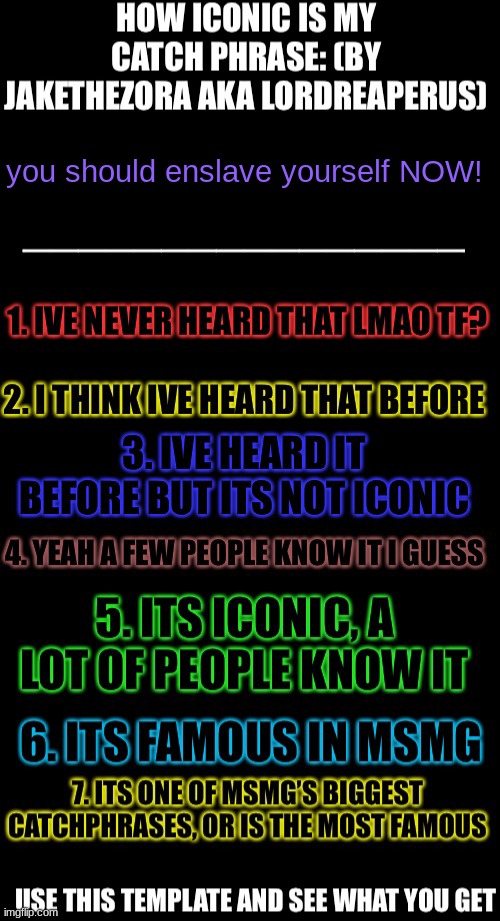 How iconic is my catchphrase | you should enslave yourself NOW! | image tagged in how iconic is my catchphrase | made w/ Imgflip meme maker