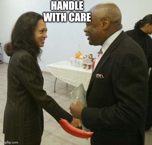 Kamala Harris Willy Brown | HANDLE WITH CARE | image tagged in kamala harris willy brown | made w/ Imgflip meme maker