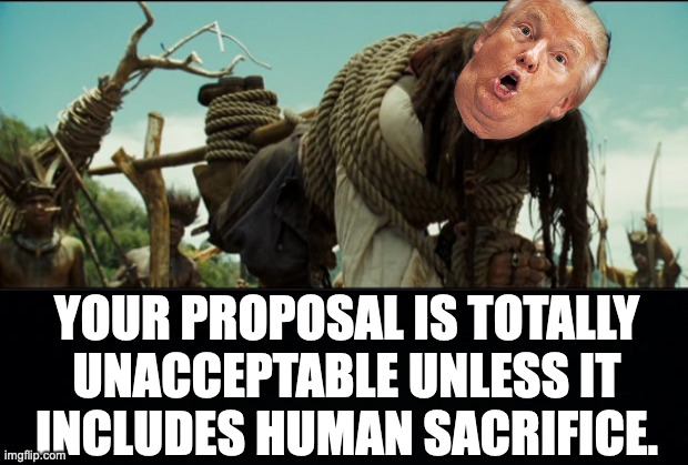 YOUR PROPOSAL IS TOTALLY
UNACCEPTABLE UNLESS IT
INCLUDES HUMAN SACRIFICE. | image tagged in black background | made w/ Imgflip meme maker