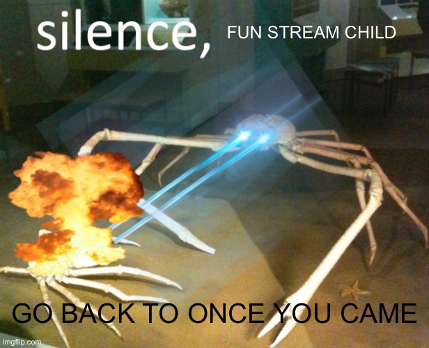 Silence Crab | FUN STREAM CHILD GO BACK TO ONCE YOU CAME | image tagged in silence crab | made w/ Imgflip meme maker