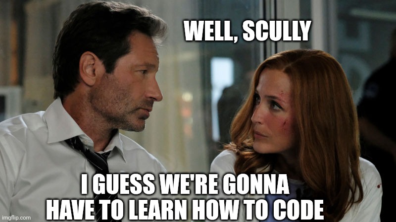 Mulder and Scully #xfiles | WELL, SCULLY I GUESS WE'RE GONNA HAVE TO LEARN HOW TO CODE | image tagged in mulder and scully xfiles | made w/ Imgflip meme maker