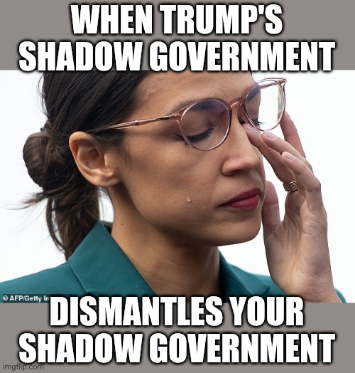 her brain is sweating | WHEN TRUMP'S SHADOW GOVERNMENT DISMANTLES YOUR SHADOW GOVERNMENT | image tagged in her brain is sweating | made w/ Imgflip meme maker