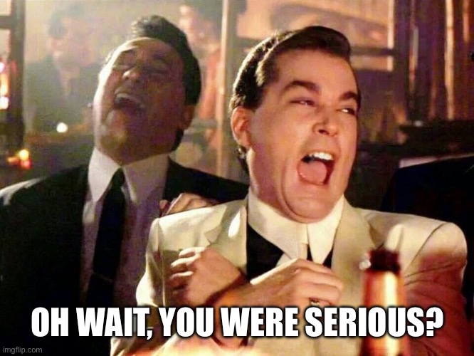 Laughing hysterically | OH WAIT, YOU WERE SERIOUS? | image tagged in laughing hysterically | made w/ Imgflip meme maker