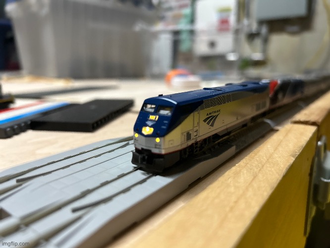 Unsurprising sight to see: a P42DC leading a broken down ALC-42 | image tagged in photography,hobby,model trains,n scale,trains,msmg | made w/ Imgflip meme maker