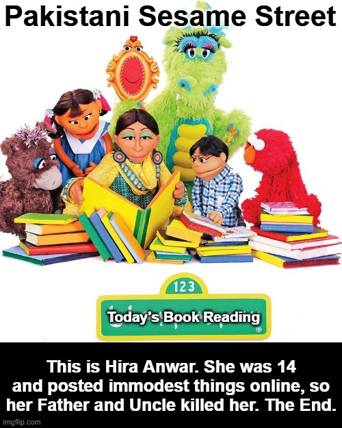 USAID Paying $20 Million for Pakistani Sesame Street | Pakistani Sesame Street; Today's Book Reading; This is Hira Anwar. She was 14 and posted immodest things online, so her Father and Uncle killed her. The End. | image tagged in usaid,pakistan | made w/ Imgflip meme maker