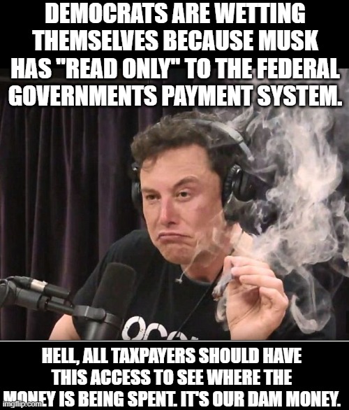 yep | DEMOCRATS ARE WETTING THEMSELVES BECAUSE MUSK HAS "READ ONLY" TO THE FEDERAL GOVERNMENTS PAYMENT SYSTEM. HELL, ALL TAXPAYERS SHOULD HAVE THIS ACCESS TO SEE WHERE THE MONEY IS BEING SPENT. IT'S OUR DAM MONEY. | image tagged in elon musk smoking a joint | made w/ Imgflip meme maker