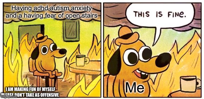 I am making fun of myself please don’t take this seriously | Having adhd autism anxiety and a having fear of open stairs; Me; I AM MAKING FUN OF MYSELF PLEASE DON’T TAKE AS OFFENSIVE | image tagged in memes,this is fine,relatable,adhd,autism,anxiety | made w/ Imgflip meme maker