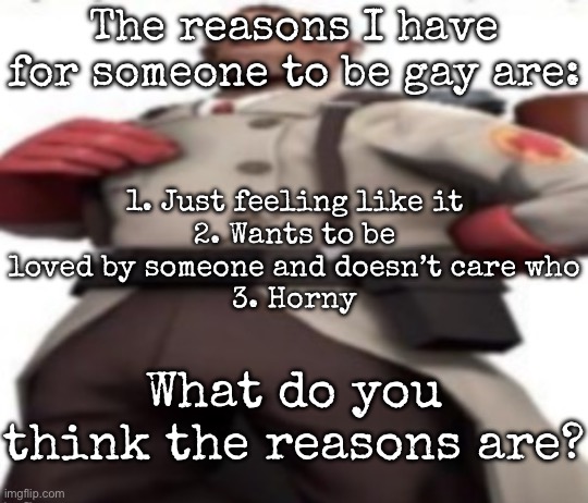 These are my thoughts | The reasons I have for someone to be gay are:; 1. Just feeling like it
2. Wants to be loved by someone and doesn’t care who
3. Horny; What do you think the reasons are? | image tagged in ze medic,msmg | made w/ Imgflip meme maker