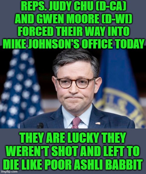 yep | REPS. JUDY CHU (D-CA) AND GWEN MOORE (D-WI) FORCED THEIR WAY INTO MIKE JOHNSON'S OFFICE TODAY; THEY ARE LUCKY THEY WEREN'T SHOT AND LEFT TO DIE LIKE POOR ASHLI BABBIT | image tagged in mike johnson | made w/ Imgflip meme maker