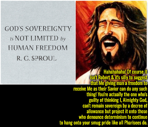 His Irreverence Projected | R. C. SPROUL; Hahahahaha! Of course it isn't Robert & it's silly to suggest that Me giving man a freedom to receive Me as their Savior can do any such thing! You're actually the one who's guilty of thinking I, Almighty God, can't remain sovereign by a decree of allowance but project it onto those who denounce determinism to continue to hang onto your smug pride like all Pharisees do. | image tagged in calvinism,arminian,molinism,projection narcissism psychopath sociopath gaslighting,irreverent heresy marionette ai | made w/ Imgflip meme maker