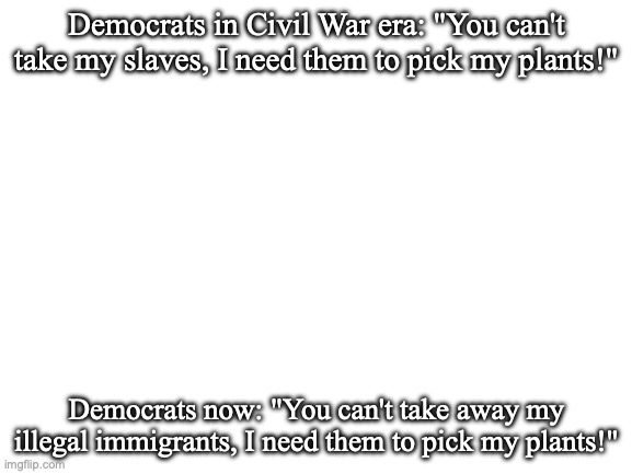 Frrr | Democrats in Civil War era: "You can't take my slaves, I need them to pick my plants!"; Democrats now: "You can't take away my illegal immigrants, I need them to pick my plants!" | image tagged in blank white template | made w/ Imgflip meme maker