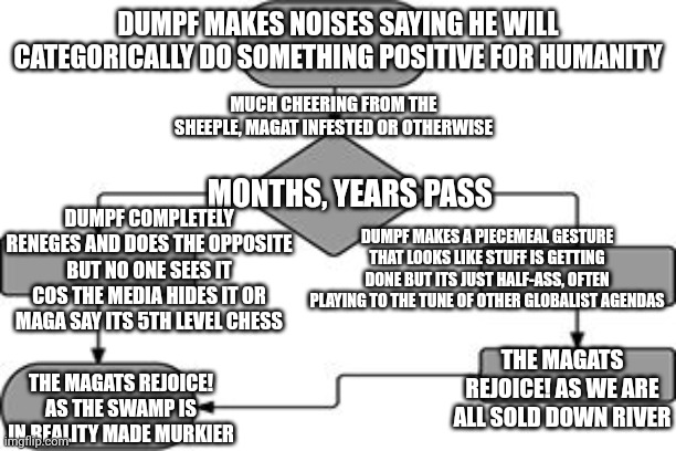 flow chart | DUMPF MAKES NOISES SAYING HE WILL CATEGORICALLY DO SOMETHING POSITIVE FOR HUMANITY MUCH CHEERING FROM THE SHEEPLE, MAGAT INFESTED OR OTHERWI | image tagged in flow chart | made w/ Imgflip meme maker