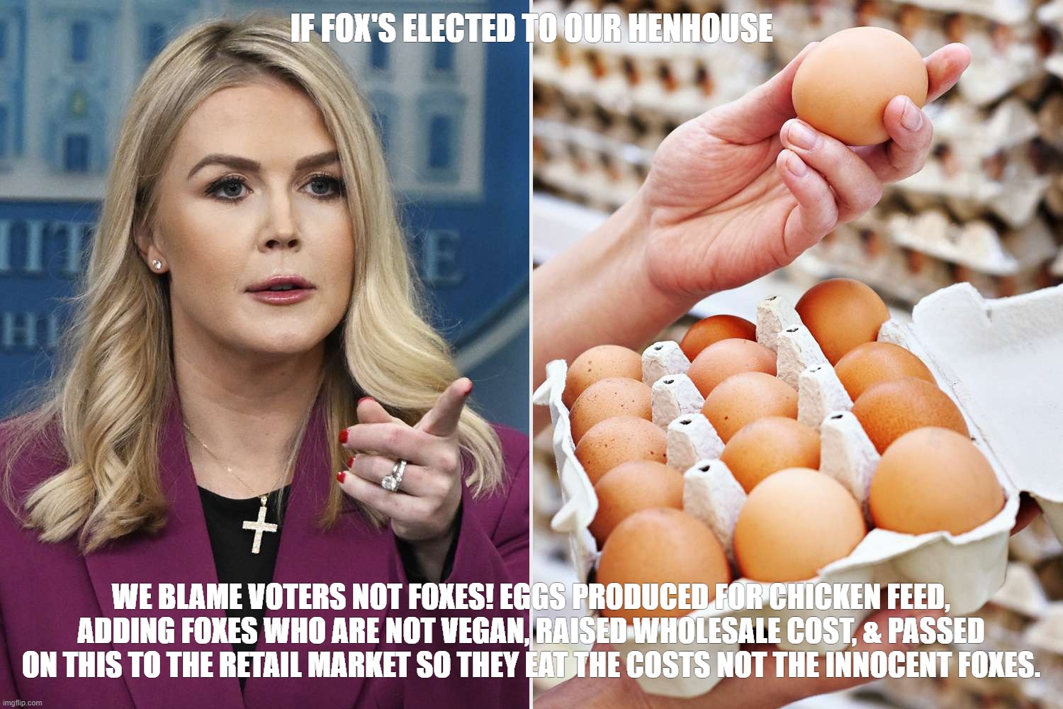 MEMECONOMICS | IF FOX'S ELECTED TO OUR HENHOUSE; WE BLAME VOTERS NOT FOXES! EGGS PRODUCED FOR CHICKEN FEED, ADDING FOXES WHO ARE NOT VEGAN, RAISED WHOLESALE COST, & PASSED ON THIS TO THE RETAIL MARKET SO THEY EAT THE COSTS NOT THE INNOCENT FOXES. | image tagged in fox in the henhouse,economics | made w/ Imgflip meme maker