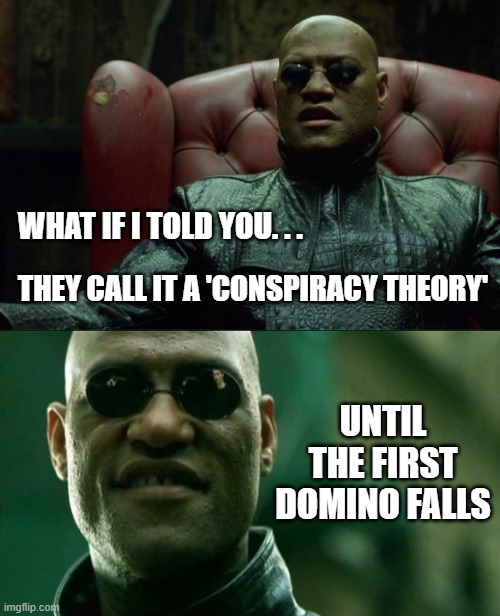 What If I Told You They Call It A Conspiracy Theory | WHAT IF I TOLD YOU. . . THEY CALL IT A 'CONSPIRACY THEORY'; UNTIL THE FIRST DOMINO FALLS | image tagged in matrix morpheus | made w/ Imgflip meme maker