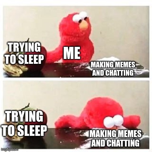 elmo cocaine | TRYING TO SLEEP; ME; MAKING MEMES AND CHATTING; TRYING TO SLEEP; MAKING MEMES AND CHATTING | image tagged in elmo cocaine | made w/ Imgflip meme maker