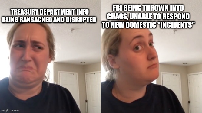 Domestic incidents | FBI BEING THROWN INTO CHAOS, UNABLE TO RESPOND TO NEW DOMESTIC "INCIDENTS"; TREASURY DEPARTMENT INFO BEING RANSACKED AND DISRUPTED | image tagged in good bad | made w/ Imgflip meme maker