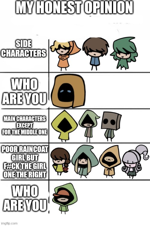 Random | MY HONEST OPINION; SIDE CHARACTERS; WHO ARE YOU; MAIN CHARACTERS EXCEPT FOR THE MIDDLE ONE; POOR RAINCOAT GIRL BUT F#CK THE GIRL ONE THE RIGHT; WHO ARE YOU | image tagged in little nightmares what do they do | made w/ Imgflip meme maker