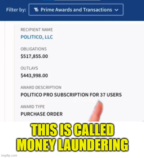 The Fed pays $517K for 37 subscriptions to politico were they Paying for propaganda? | THIS IS CALLED
MONEY LAUNDERING | image tagged in federal reserve,propaganda,mainstream media,doge,elon musk,maga | made w/ Imgflip meme maker