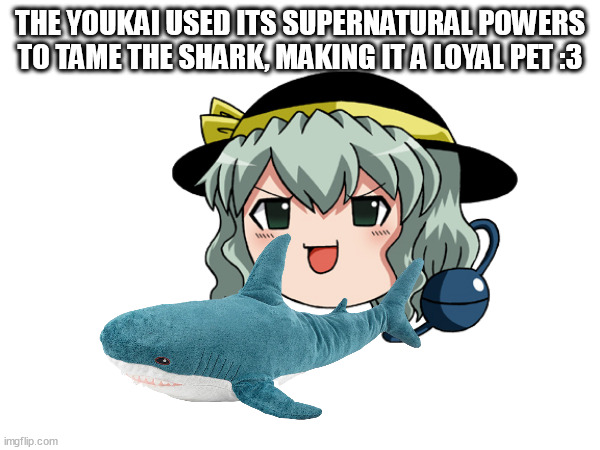 ;3 | THE YOUKAI USED ITS SUPERNATURAL POWERS TO TAME THE SHARK, MAKING IT A LOYAL PET :3 | image tagged in touhou,pets,shark,sharks | made w/ Imgflip meme maker