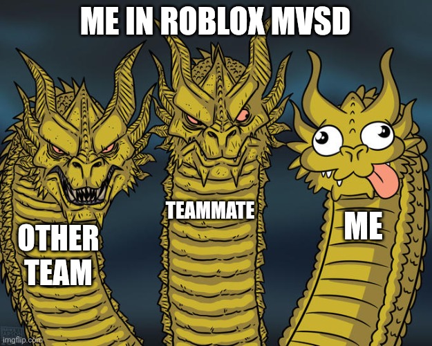 Three-headed Dragon | ME IN ROBLOX MVSD; TEAMMATE; ME; OTHER TEAM | image tagged in three-headed dragon | made w/ Imgflip meme maker