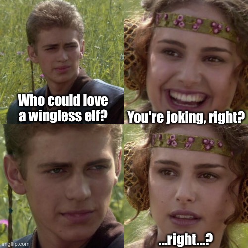 For the better right blank | You're joking, right? Who could love a wingless elf? ...right...? | image tagged in for the better right blank | made w/ Imgflip meme maker