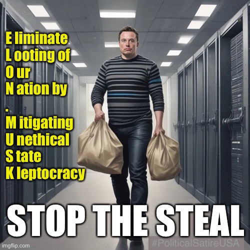 ELON MUSK now stands for something | E liminate
L ooting of 
O ur 
N ation by 

.
M itigating 
U nethical 
S tate 
K leptocracy; STOP THE STEAL | image tagged in elon musk,robbery,political meme,politics | made w/ Imgflip meme maker