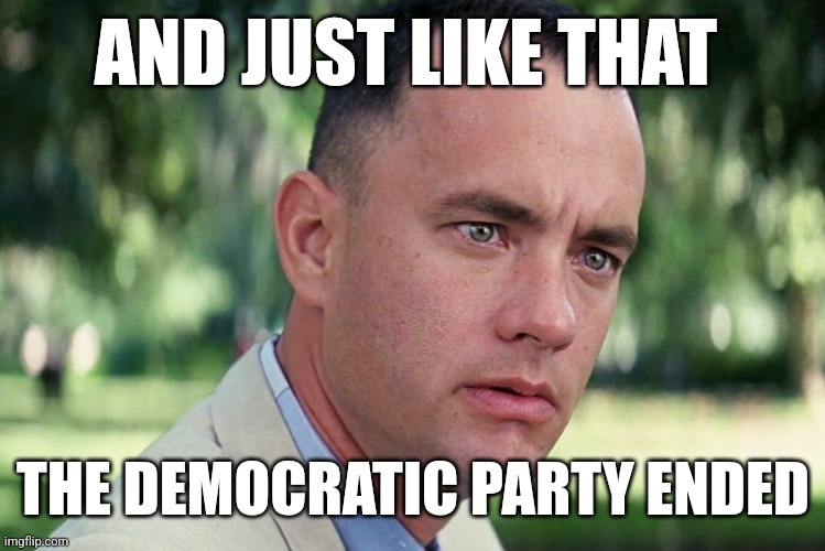 And Just Like That | AND JUST LIKE THAT; THE DEMOCRATIC PARTY ENDED | image tagged in memes,and just like that | made w/ Imgflip meme maker