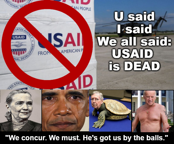 WHOSAID? | "We concur. We must. He's got us by the balls." | image tagged in memes,politics,usaid | made w/ Imgflip meme maker