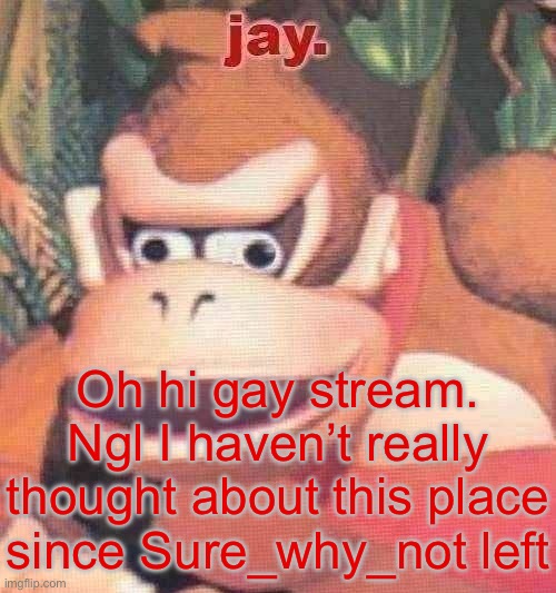 jay. announcement temp | Oh hi gay stream. Ngl I haven’t really thought about this place since Sure_why_not left | image tagged in jay announcement temp | made w/ Imgflip meme maker