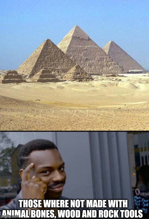 THOSE WHERE NOT MADE WITH ANIMAL BONES, WOOD AND ROCK TOOLS | image tagged in pyramids,thinking black man | made w/ Imgflip meme maker